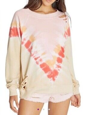 Wildfox Grapefruit Sommers Sweatshirt Tie Dye Distressed Cotton Terry S